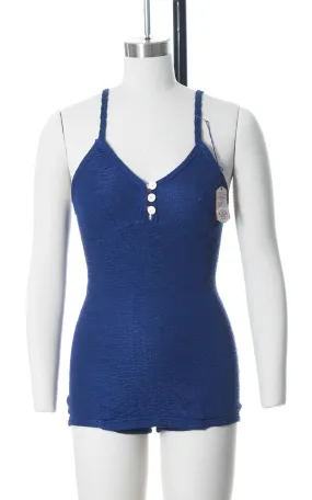 1930s Deadstock Royal Blue Knit Open Back Swimsuit | x-small