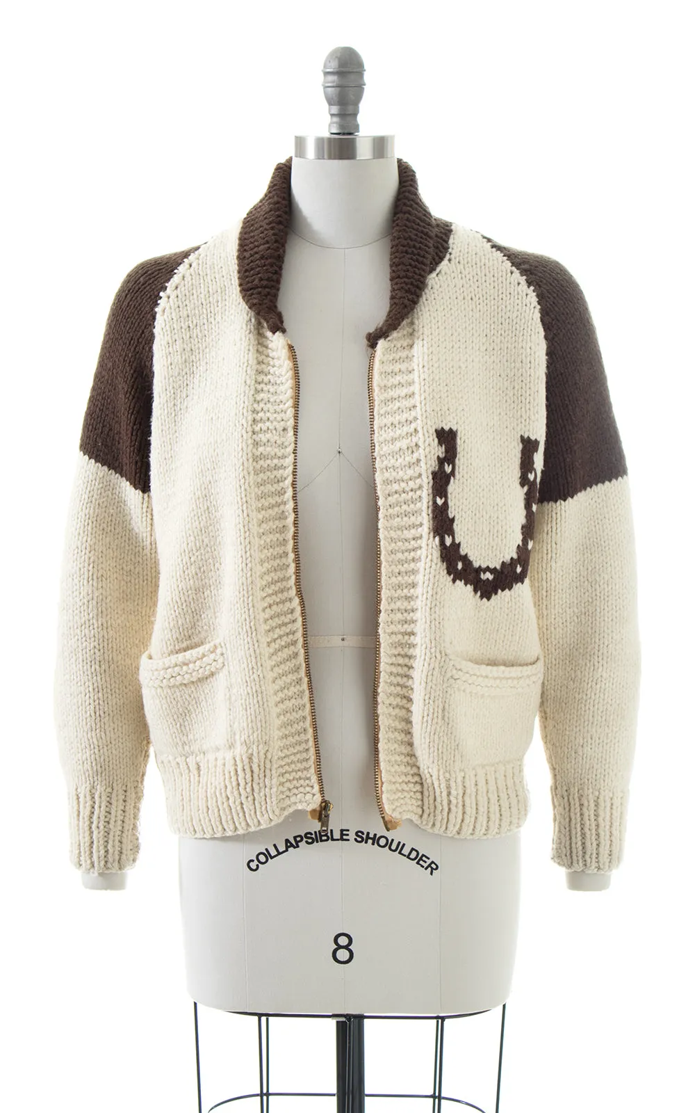 1970s Lucky Horseshoe & Horses Novelty Wool Cowichan Cardigan | medium/large