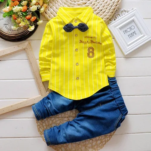2017 Boys Spring Two Fake Clothing Sets Kids Boys Button Letter Bow Suit Sets Children Jacket   Pants 2 pcs Clothing Set Baby