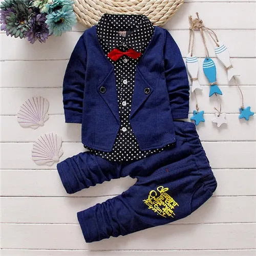 2017 Boys Spring Two Fake Clothing Sets Kids Boys Button Letter Bow Suit Sets Children Jacket   Pants 2 pcs Clothing Set Baby