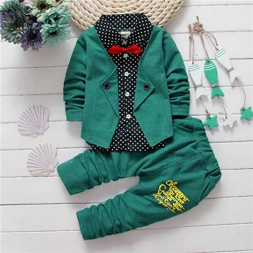 2017 Boys Spring Two Fake Clothing Sets Kids Boys Button Letter Bow Suit Sets Children Jacket   Pants 2 pcs Clothing Set Baby