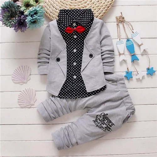 2017 Boys Spring Two Fake Clothing Sets Kids Boys Button Letter Bow Suit Sets Children Jacket   Pants 2 pcs Clothing Set Baby
