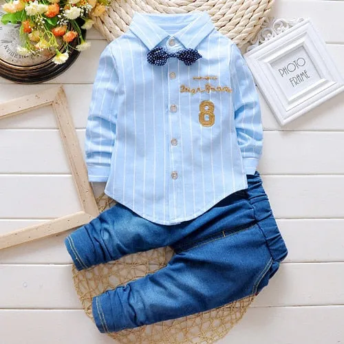 2017 Boys Spring Two Fake Clothing Sets Kids Boys Button Letter Bow Suit Sets Children Jacket   Pants 2 pcs Clothing Set Baby