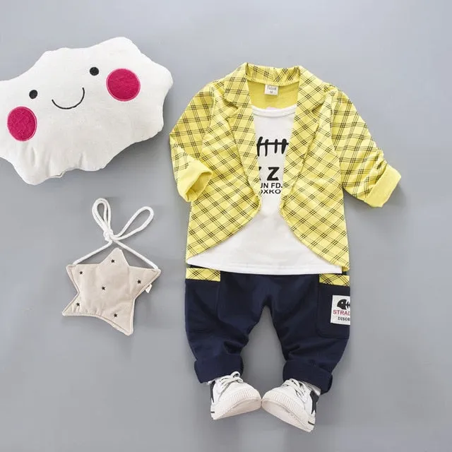2017 Boys Spring Two Fake Clothing Sets Kids Boys Button Letter Bow Suit Sets Children Jacket   Pants 2 pcs Clothing Set Baby