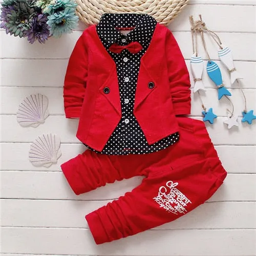 2017 Boys Spring Two Fake Clothing Sets Kids Boys Button Letter Bow Suit Sets Children Jacket   Pants 2 pcs Clothing Set Baby
