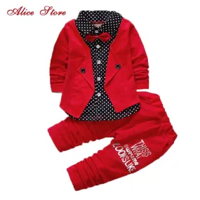 2017 Boys Spring Two Fake Clothing Sets Kids Boys Button Letter Bow Suit Sets Children Jacket   Pants 2 pcs Clothing Set Baby