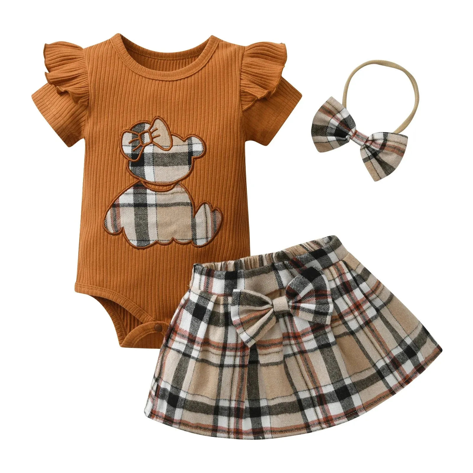 3PCS Newborn Baby Girl Summer Clothes Set Knitted Short Sleeve Romper Bodysuit Tops   Short Skirts with Bow Headband Outfits