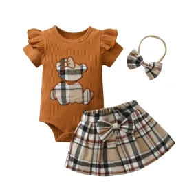 3PCS Newborn Baby Girl Summer Clothes Set Knitted Short Sleeve Romper Bodysuit Tops   Short Skirts with Bow Headband Outfits