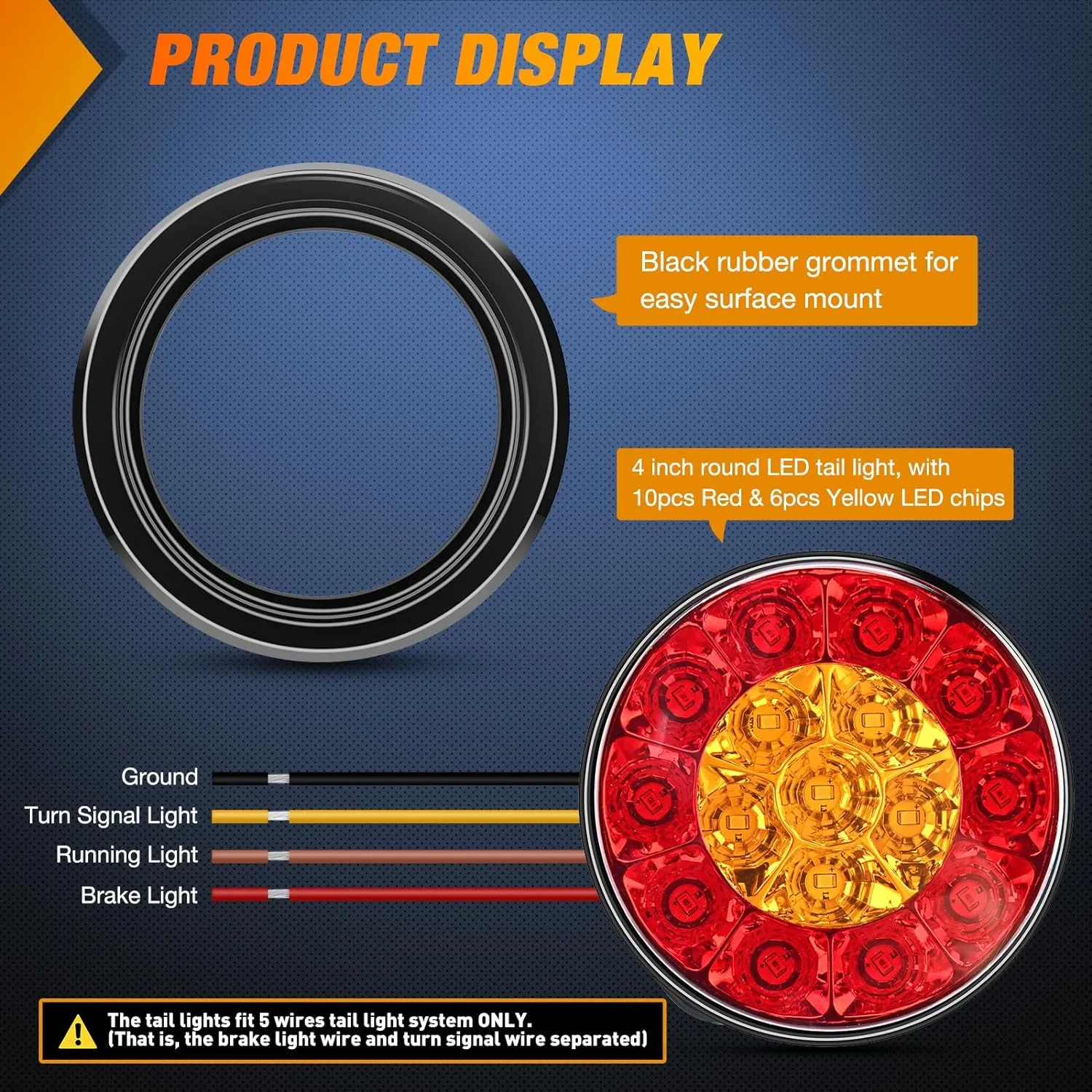 4 Inch Red Amber Round 16Leds Tail Light Flush Mount Grommet (Pair)