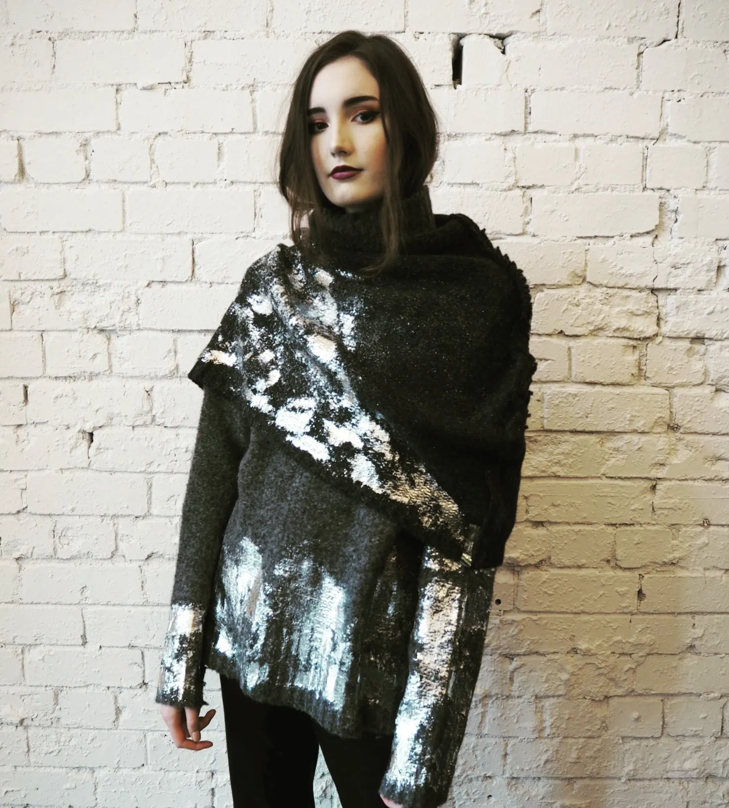 Alpaca capelet / shrug with foil print detail - Purple