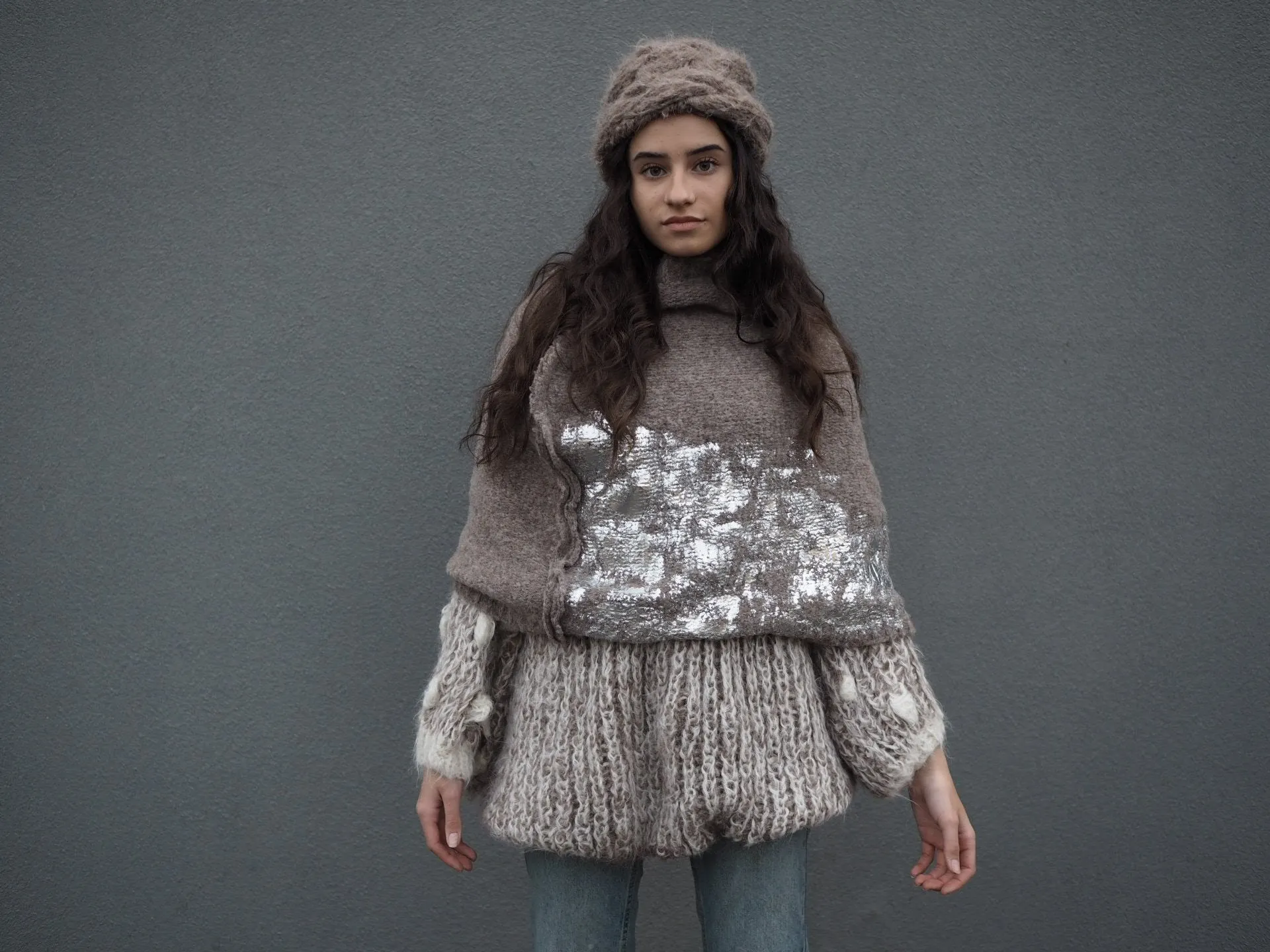 Alpaca capelet / shrug with foil print detail - Purple