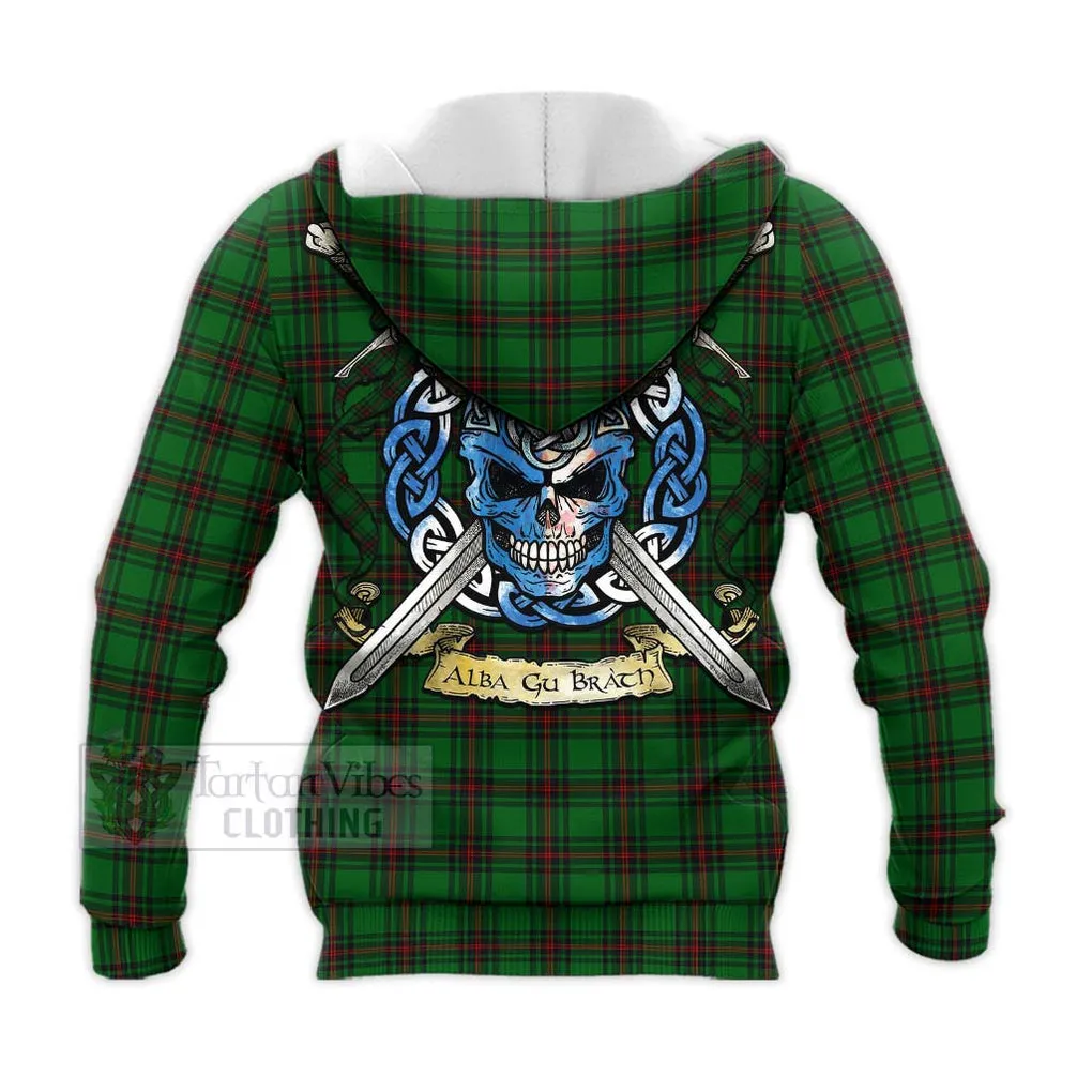 Anstruther Tartan Knitted Hoodie with Family Crest Celtic Skull Style