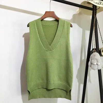 Autumn Women's Sweater Vest V-neck Sleeveless Irregular Casual Loose Knitted Pullover Tops Female Outerwear