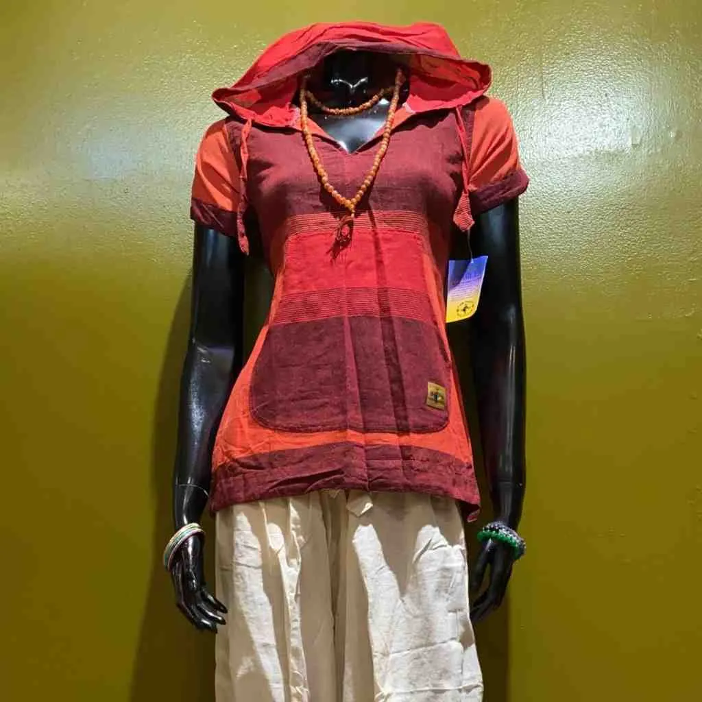 Cotton Cap-Sleeve Front Pocket Hoodie Tunic - Tri Color