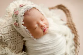 Knitted Baby newborn girl bonnet, hat, cream, blush, Embroidered, made to order