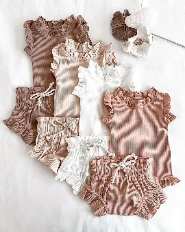 Knitted Solid Rompers  Drawstring Shorts Sets