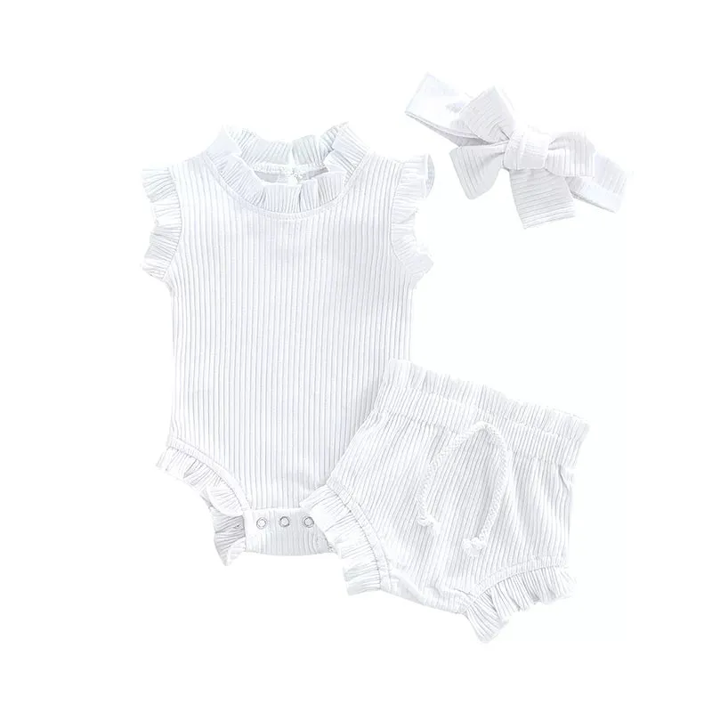 Knitted Solid Rompers  Drawstring Shorts Sets