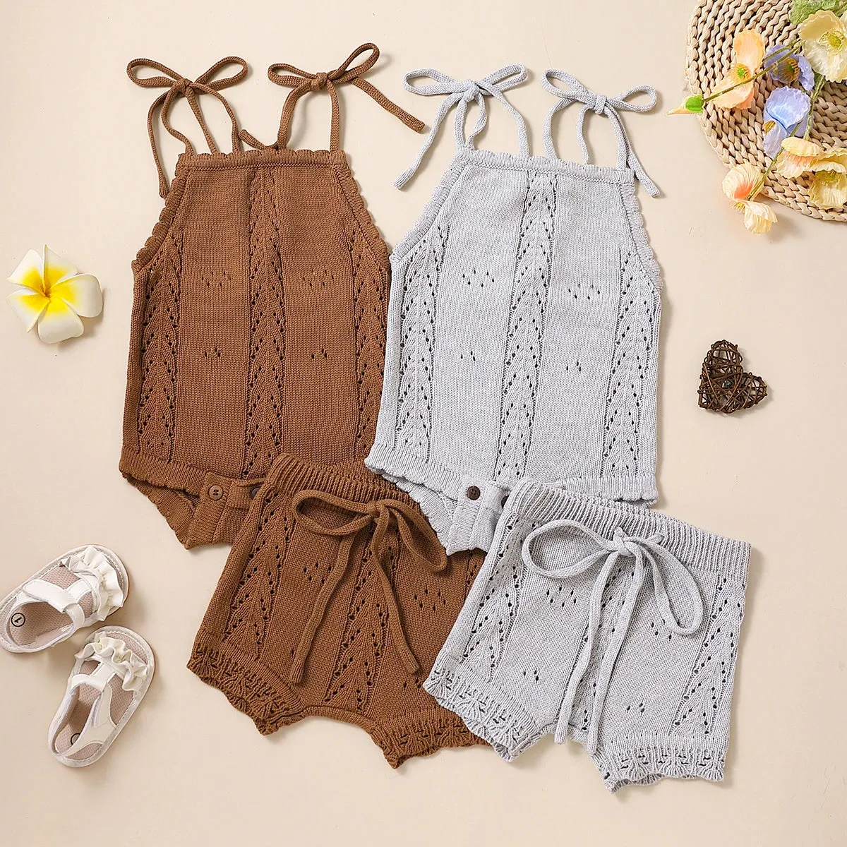 Knitted Solid Rompers  Drawstring Shorts Sets