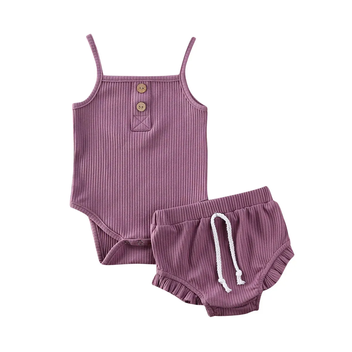 Knitted Solid Rompers  Drawstring Shorts Sets