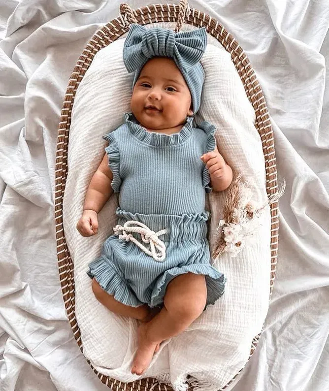 Knitted Solid Rompers  Drawstring Shorts Sets