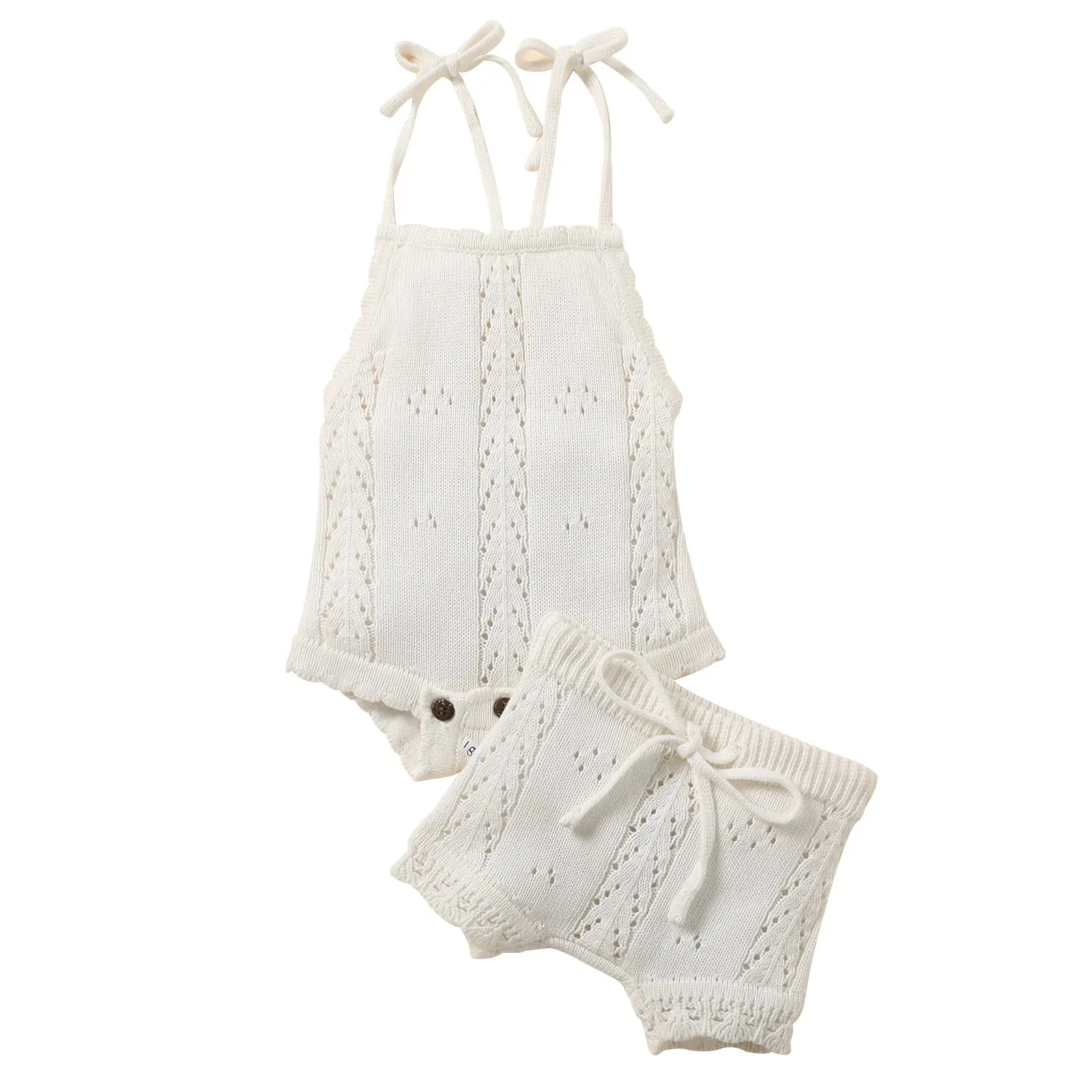 Knitted Solid Rompers  Drawstring Shorts Sets