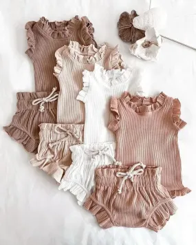 Knitted Solid Rompers  Drawstring Shorts Sets