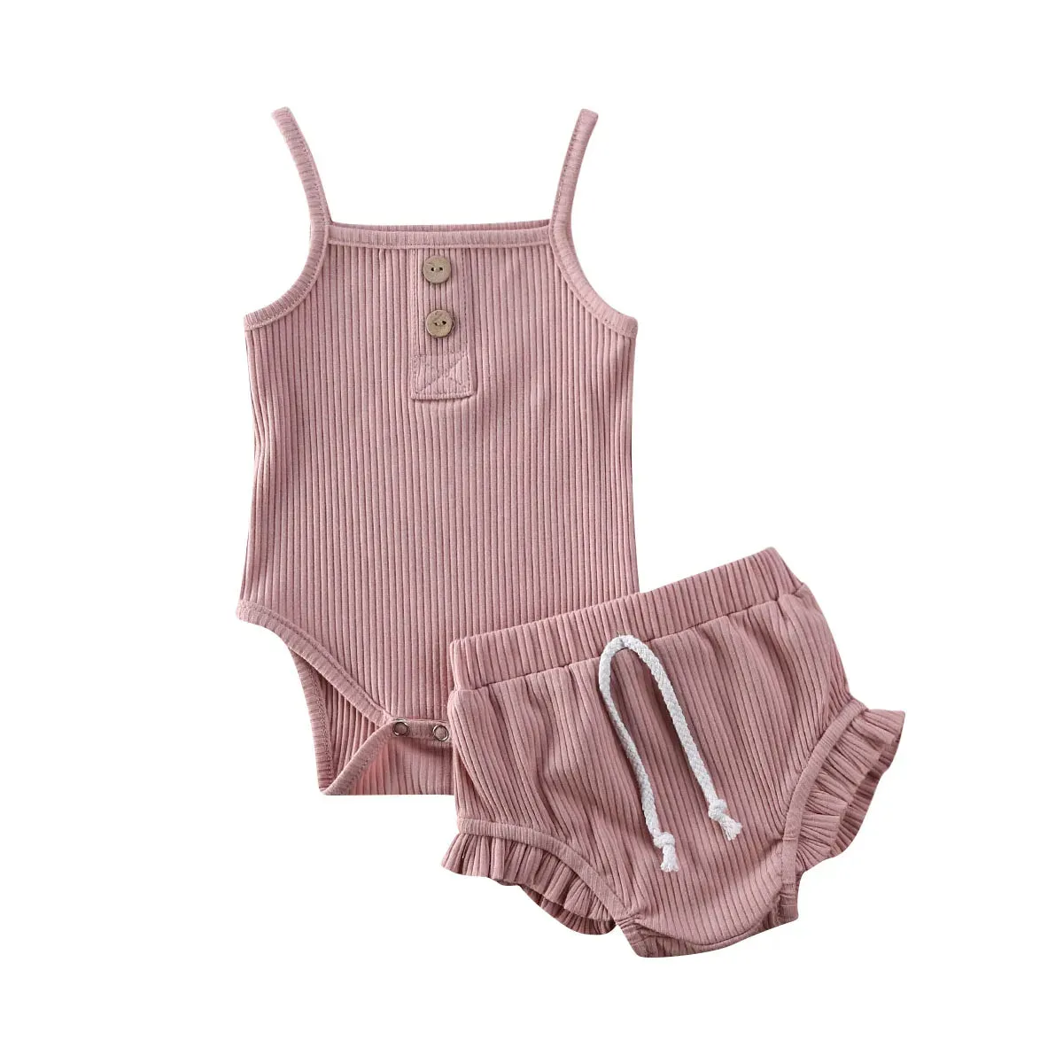 Knitted Solid Rompers  Drawstring Shorts Sets
