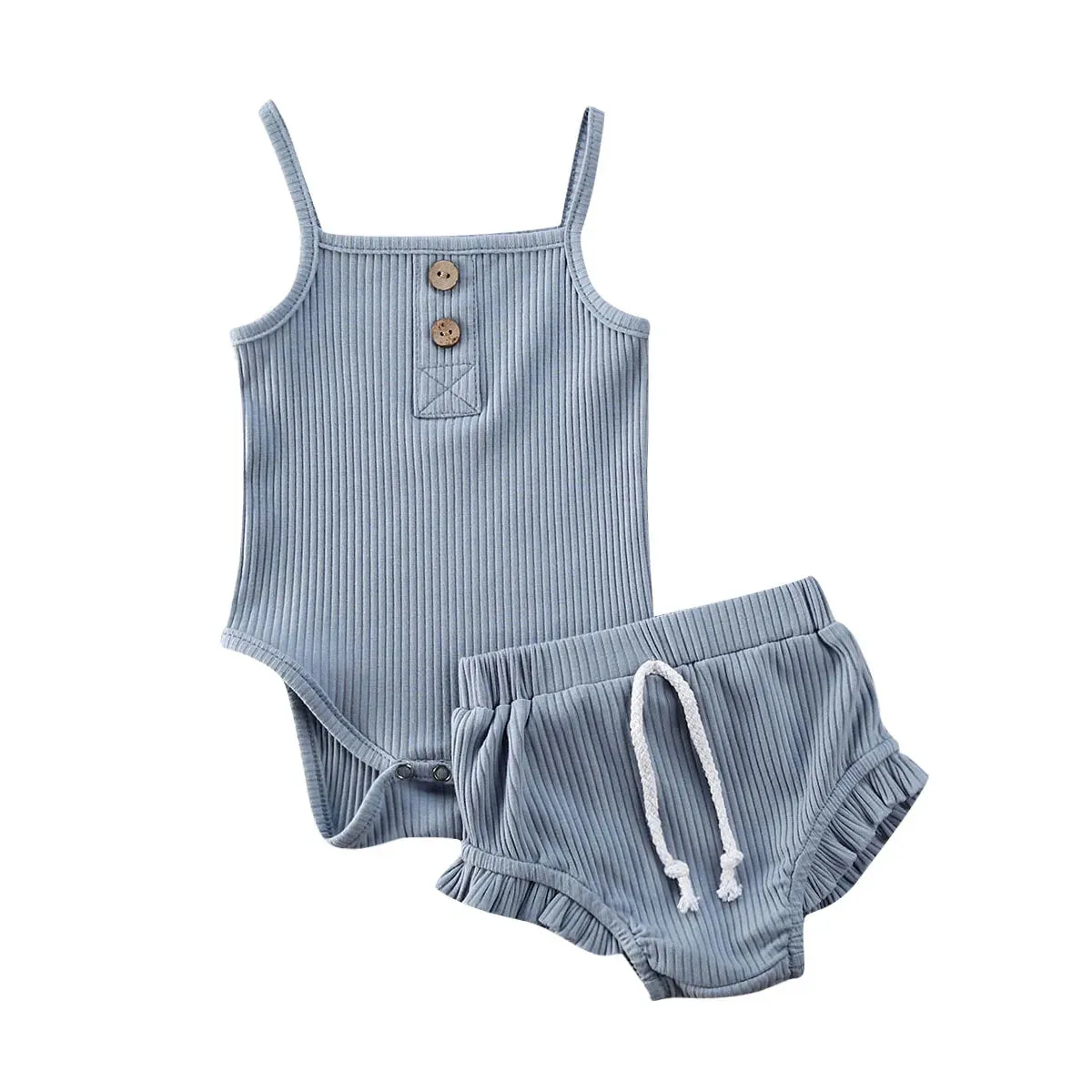 Knitted Solid Rompers  Drawstring Shorts Sets