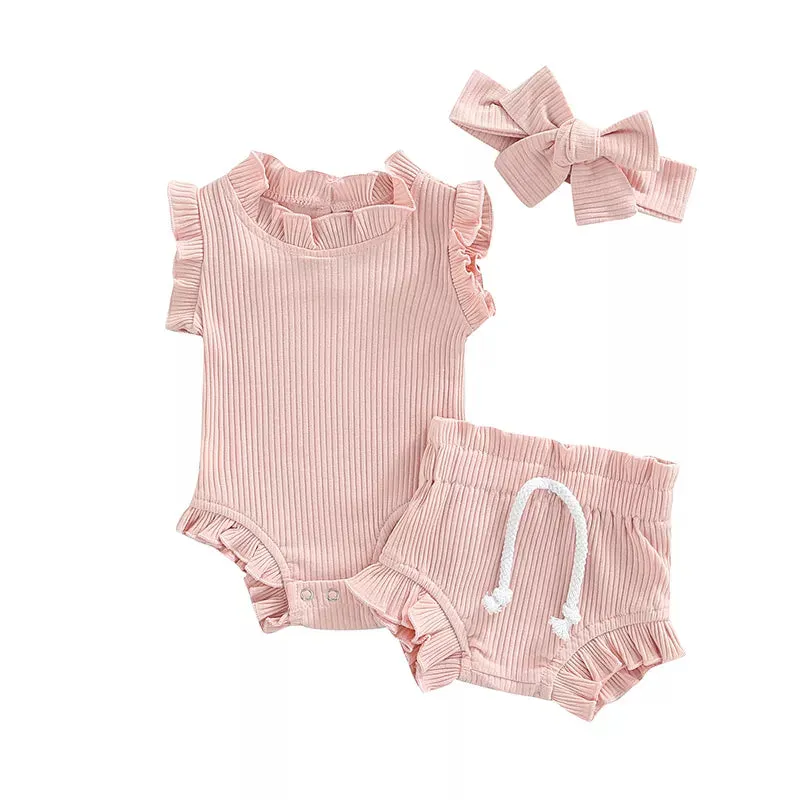 Knitted Solid Rompers  Drawstring Shorts Sets