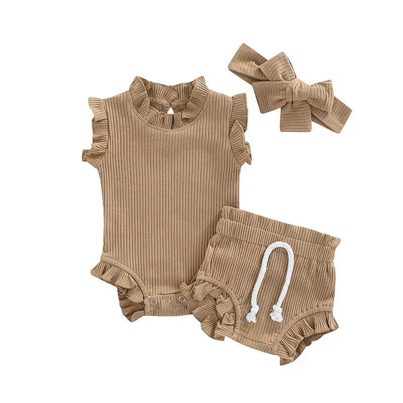 Knitted Solid Rompers  Drawstring Shorts Sets