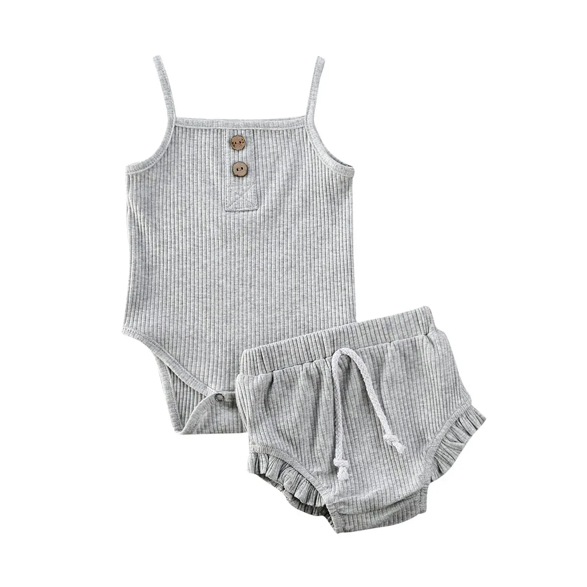 Knitted Solid Rompers  Drawstring Shorts Sets
