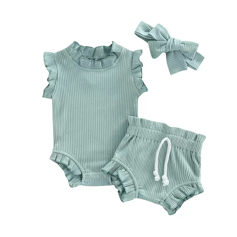 Knitted Solid Rompers  Drawstring Shorts Sets