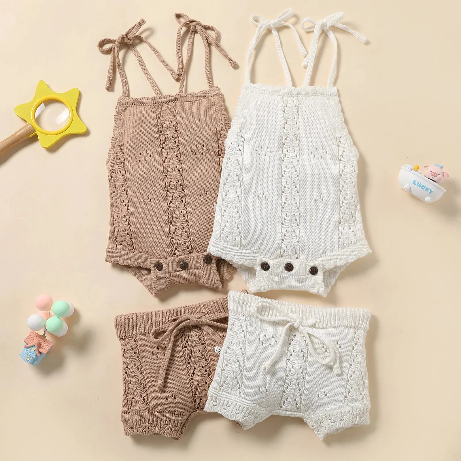 Knitted Solid Rompers  Drawstring Shorts Sets