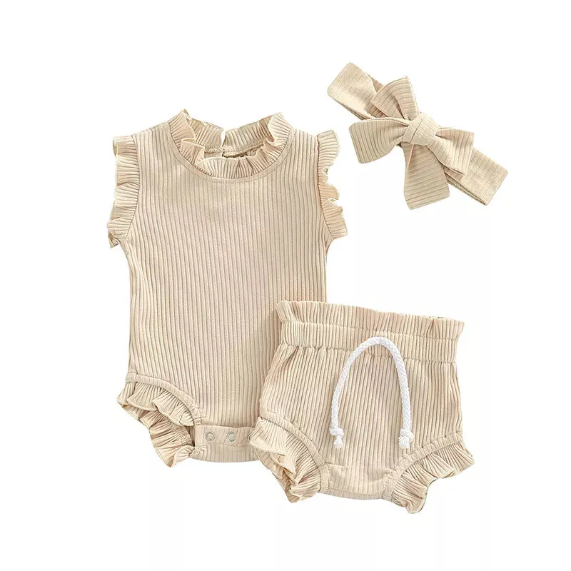 Knitted Solid Rompers  Drawstring Shorts Sets