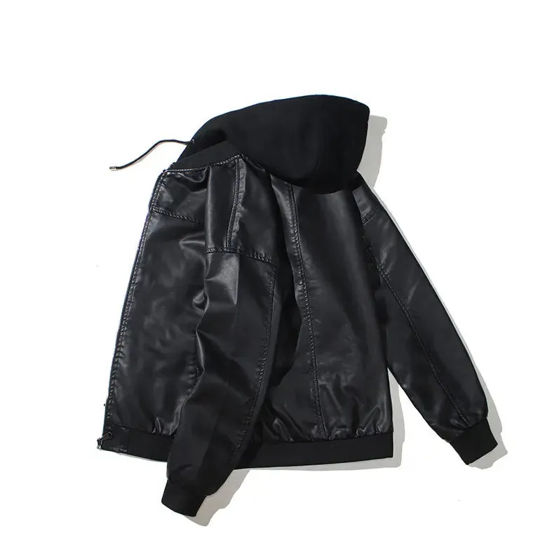 Mens Hooded PU Leather Jacket Motorcycle Hooded Young Leather Plus Cotton Padded Coat Men