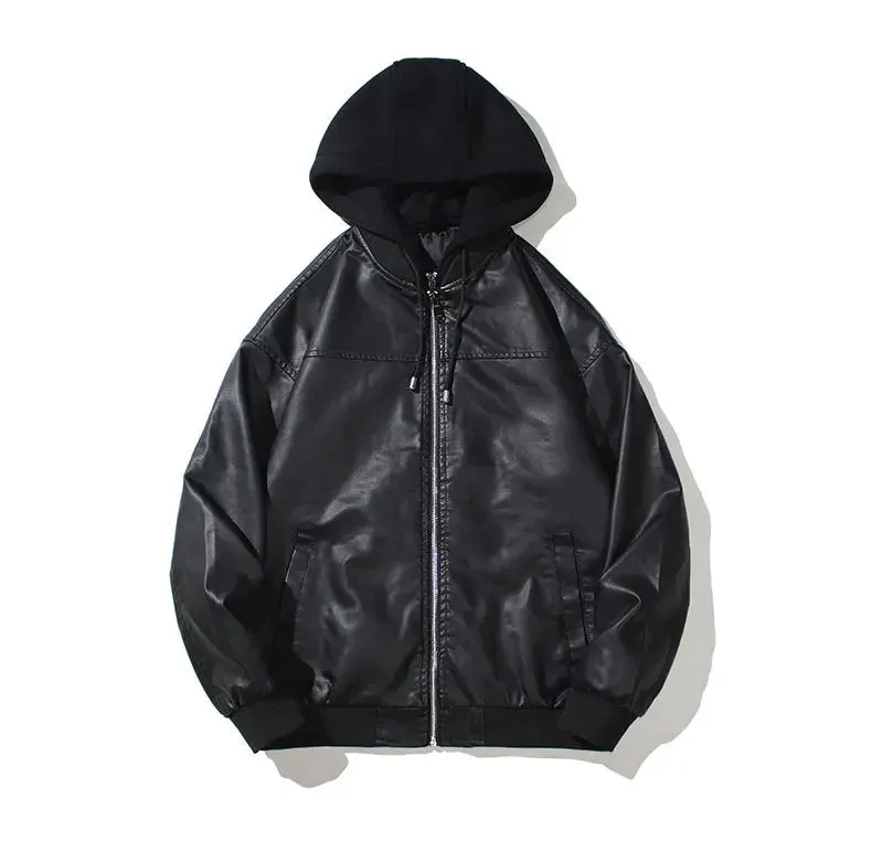 Mens Hooded PU Leather Jacket Motorcycle Hooded Young Leather Plus Cotton Padded Coat Men