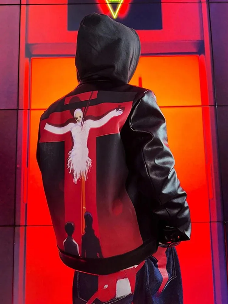New Jackets for Men Y2k Hip Hop Gothic Retro Zipper Hoodie PU Leather Jacket Harajuku Men Clothing Stitching Jackets Streetwear