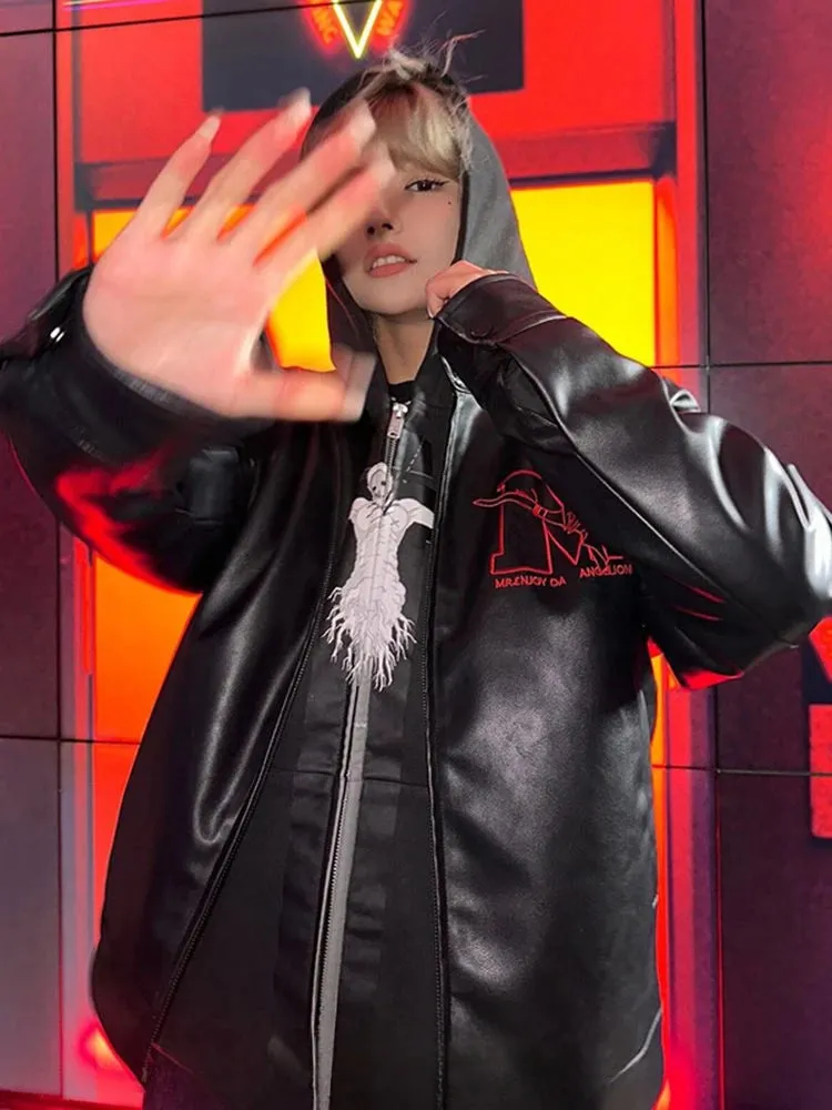New Jackets for Men Y2k Hip Hop Gothic Retro Zipper Hoodie PU Leather Jacket Harajuku Men Clothing Stitching Jackets Streetwear
