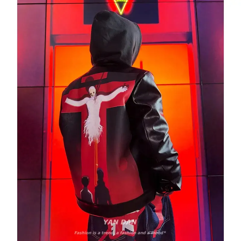 New Jackets for Men Y2k Hip Hop Gothic Retro Zipper Hoodie PU Leather Jacket Harajuku Men Clothing Stitching Jackets Streetwear