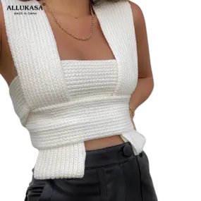 Stylish Cross Wrap Sleeveless Bandage Knitted Crop Top